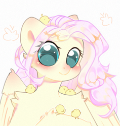 Size: 883x932 | Tagged: safe, artist:just_gray-x, imported from derpibooru, fluttershy, bird, butterfly, pegasus, semi-anthro, blushing, chick, heart eyes, shoulder fluff, solo, starry eyes, that pony sure does love animals, wingding eyes