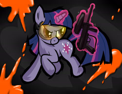 Size: 1920x1484 | Tagged: safe, artist:sirtreasurehunter, imported from derpibooru, twilight sparkle, pony, unicorn, female, glowing horn, horn, levitation, magic, mare, paint, paintball, paintball gun, safety goggles, solo, telekinesis, unicorn twilight