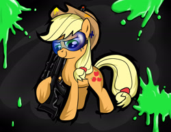 Size: 1920x1484 | Tagged: safe, artist:sirtreasurehunter, imported from derpibooru, applejack, earth pony, pony, female, mare, paint, paintball gun, safety goggles, solo