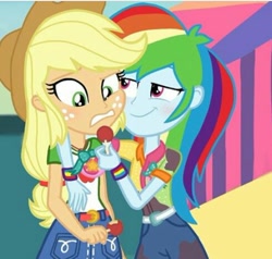 Size: 490x467 | Tagged: safe, edit, imported from derpibooru, screencap, applejack, rainbow dash, equestria girls, appledash, clothes swap, female, lesbian, lesbian applejack, lesbian dash, shipping