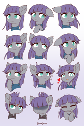 Size: 2800x4200 | Tagged: safe, artist:symbianl, imported from derpibooru, maud pie, earth pony, pony, :3, :<, :p, :t, alternate hairstyle, alternate timeline, apocalypse maud, blushing, bust, cheek fluff, cross-popping veins, crystal war timeline, cute, ear fluff, expressions, female, floppy ears, fluffy, gradient background, heart, heart eyes, high res, hoof fluff, looking at you, mare, maudabetes, neck fluff, no pupils, scar, shadowed face, smiling, solo, sticker pack, teary eyes, telegram sticker, tongue out, wavy mouth, when she smiles, wingding eyes