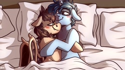 Size: 3555x2000 | Tagged: safe, artist:lrusu, imported from derpibooru, oc, oc only, oc:slumber tea, oc:tesseract, bat pony, pony, unicorn, bat pony oc, bat wings, bed, blushing, commission, couple, cuddling, cuddling in bed, cute, floppy ears, freckles, high res, horn, hug, in bed, looking at each other, looking at someone, pillow, slumberact, unicorn oc, wings