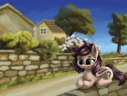 Size: 3969x2977 | Tagged: safe, artist:flusanix, imported from derpibooru, oc, oc only, oc:slumber tea, bat pony, pony, background, gift art, high res, lying down, solo, tree