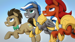 Size: 2560x1440 | Tagged: safe, artist:mysticalpha, imported from derpibooru, doctor whooves, time turner, oc, oc:captain sunride, oc:cloud zapper, earth pony, pegasus, pony, armor, doctor who, male, pegasus oc, royal guard, royal guard armor, royal guard oc, stallion, the doctor, wings