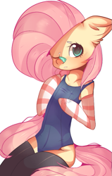 Size: 431x676 | Tagged: safe, artist:cyzarinefredek, imported from derpibooru, fluttershy, anthro, pegasus, pony, semi-anthro, friendship is magic, 2016, anthrofied, arm warmers, bandage, bipedal, blushing, breasts, clothes, digital art, evening gloves, female, gloves, long gloves, looking at you, my little pony, one eye closed, one-piece swimsuit, pink mane, pink tail, simple background, sitting, socks, solo, solo female, swimsuit, teal eyes, thigh highs, topwear, white background, wings, wink