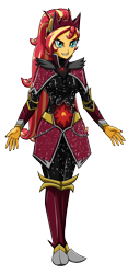 Size: 1488x3192 | Tagged: safe, artist:artemis-polara, imported from derpibooru, sunset shimmer, equestria girls, alternate hairstyle, armor, crown, gauntlet, greaves, human sunset, jewelry, magical geodes, ponied up, pony ears, regalia, simple background, solo, super ponied up, transparent background