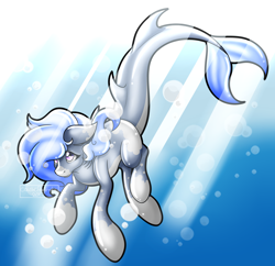 Size: 2048x1980 | Tagged: safe, artist:causticfiredrake, imported from derpibooru, oc, oc only, merpony, original species, shark, shark pony, blue mane, bubble, crepuscular rays, deviantart watermark, dorsal fin, fish tail, obtrusive watermark, ocean, purple eyes, solo, sunlight, swimming, underwater, water, watermark