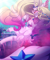 Size: 2236x2683 | Tagged: safe, artist:skylacuna, imported from derpibooru, oc, oc only, alicorn, hybrid, merpony, original species, pony, bubble, clothes, commission, coral, female, flowing mane, high res, hoof shoes, horn, long mane, ocean, open mouth, reef, seaweed, see-through, smiling, solo, sparkles, underwater, water, wings