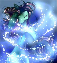 Size: 1445x1589 | Tagged: safe, artist:sketchytwi, imported from derpibooru, oc, oc only, pony, unicorn, bubble, eyes closed, flowing mane, flowing tail, glow, glowing, horn, looking up, magic, ocean, signature, solo, underwater, water