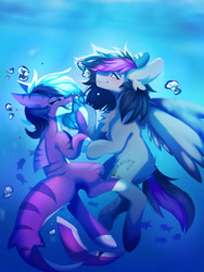 Size: 1280x1704 | Tagged: safe, artist:teapupppy, imported from derpibooru, oc, oc only, fish, original species, pegasus, pony, shark, shark pony, blue mane, blushing, bubble, commission, crepuscular rays, female, fish tail, lesbian, looking at each other, ocean, purple eyes, shipping, smiling, solo, sunlight, tail, teeth, touching hooves, underwater, water, wings