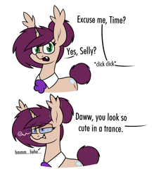 Size: 1576x1801 | Tagged: safe, artist:moonatik, imported from derpibooru, oc, oc:timetable, bat pony, hybrid, pony, unicorn, bat pony oc, bat wings, clothes, collar, cravat, cute, dialogue, fangs, female, horn, hypnosis, hypnotized, implied oc, mare, simple background, unicorn oc, wings