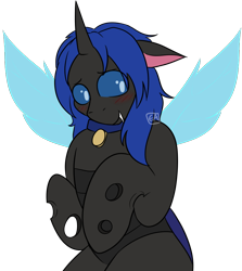 Size: 882x990 | Tagged: safe, artist:emmettart, imported from derpibooru, oc, oc only, oc:swift dawn, changeling, pony, blue changeling, blue eyes, blushing, changeling oc, changeling wings, collar, commission, eyebrows, eyebrows visible through hair, fangs, horn, male, pet collar, pet play, pet tag, shy, signature, simple background, solo, standing on two hooves, transparent background, transparent wings, wings, ych result