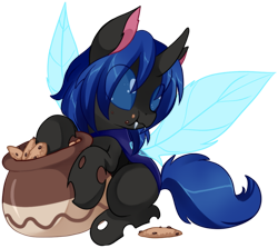 Size: 1123x1000 | Tagged: safe, artist:loyaldis, imported from derpibooru, oc, oc only, oc:swift dawn, changeling, pony, blue changeling, blue eyes, changeling oc, changeling wings, chewing, commission, cookie, cookie jar, crumbs, cute, eating, fangs, food, horn, male, ocbetes, simple background, solo, stealing, transparent background, transparent wings, wings, ych result