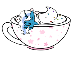Size: 764x608 | Tagged: safe, artist:cryptidmars, imported from derpibooru, oc, oc:fleurbelle, alicorn, alicorn oc, bow, cream, cup, female, food, hair bow, horn, mare, simple background, sleeping, sprinkles, teacup, transparent background, wings