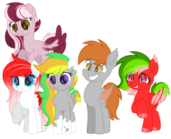 Size: 3800x3100 | Tagged: safe, artist:ponkus, imported from derpibooru, oc, oc only, oc:dusk mane, oc:dusty ember, oc:making amends, oc:melun heart, oc:odd inks, bat pony, pegasus, pony, bat pony oc, colored wings, eye clipping through hair, female, flying, grin, high res, male, mare, pegasus oc, raised hoof, smiling, stallion, two toned wings, wings