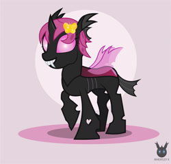 Size: 1332x1275 | Tagged: safe, artist:wheatley r.h., derpibooru exclusive, imported from derpibooru, oc, oc only, oc:lara, butterfly, changeling, brooch, changeling oc, female, gold, happy, jewelry, mare, one hoof raised, pink, pink changeling, raised hoof, simple background, solo, vector, watermark