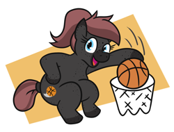 Size: 694x528 | Tagged: safe, artist:jargon scott, imported from derpibooru, imported from ponybooru, oc, oc only, oc:cross court, earth pony, pony, basketball, basketball net, body freckles, female, freckles, holding, looking at you, mare, open mouth, slam dunk, smiling, solo, sports