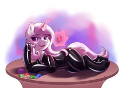 Size: 1188x858 | Tagged: safe, artist:tikrs007, imported from derpibooru, fleur-de-lis, pony, unicorn, catsuit, clothes, commission, draw me like one of your french girls, female, gem, glowing horn, high heels, horn, latex, latex suit, levitation, lying down, magic, mare, miss fleur is trying to seduce us, shiny, shoes, solo, table, telekinesis, zipper