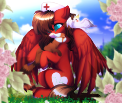 Size: 4000x3368 | Tagged: safe, artist:krissstudios, imported from derpibooru, oc, oc only, bird, fox, pegasus, pony, cute, female, hat, hug, mare, nurse, nurse hat, solo