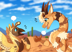 Size: 1100x792 | Tagged: safe, artist:lastnight-light, imported from derpibooru, oc, oc only, oc:sahara sands, oc:savannah split, draconequus, griffon, cactus, desert, female, male, scenery, sharp teeth, talking, teeth, textless