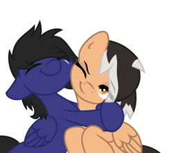 Size: 724x644 | Tagged: safe, artist:froyo15sugarblast, imported from derpibooru, oc, oc:blu, oc:hearty felt, pegasus, pony, base used, eye clipping through hair, eyes closed, female, friendship, hug, male, mare, not shipping, scar, simple background, stallion, white background