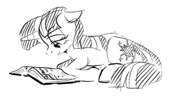 Size: 678x383 | Tagged: safe, artist:hattsy, imported from ponybooru, twilight sparkle, pony, unicorn, aggie.io, black and white, book, bookhorse, female, grayscale, mare, monochrome, prone, reading, simple background, sketch, smiling, solo, unicorn twilight, white background