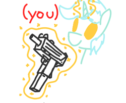 Size: 357x291 | Tagged: safe, artist:firecracker, lyra heartstrings, pony, unicorn, (you), aggie.io, female, gun, magic, mare, simple background, sketch, solo, telekinesis, weapon