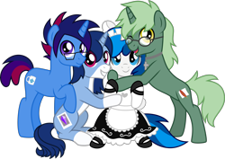 Size: 4942x3500 | Tagged: safe, artist:limedazzle, imported from ponybooru, oc, oc only, oc:crystal glaze, oc:feathertrap, oc:marquis majordome, oc:soft mane, unicorn, clothes, commission, cross, crossdressing, glasses, group hug, happy, hug, jewelry, maid, male, males only, ponybooru collab 2021, stallion, stallions only