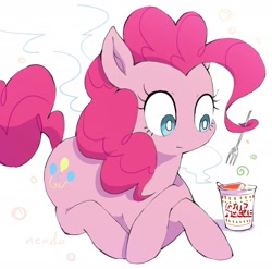 Size: 1656x1637 | Tagged: safe, artist:nendo, artist:nendo_23, imported from derpibooru, pinkie pie, earth pony, pony, crossed hooves, cup noodles, female, food, hair hold, lying down, noodles, prehensile mane, prone, solo