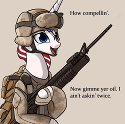 Size: 1030x1020 | Tagged: safe, artist:andromailus, imported from ponybooru, oc, oc only, pony, semi-anthro, unicorn, accent, american flag, backpack, bipedal, blue eyes, dialogue, featured image, female, gun, horn, mare, nation ponies, open mouth, ponified, rifle, solo, unicorn oc, united states, weapon