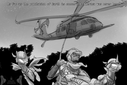 Size: 1500x1000 | Tagged: safe, artist:andromailus, oc, oc only, changeling, human, flying, helicopter, hh-60 pavehawk, monochrome, night, rappelling, text