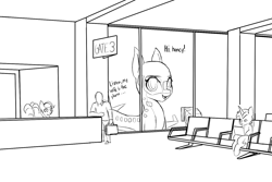 Size: 1500x1000 | Tagged: safe, artist:andromailus, imported from ponybooru, oc, oc only, oc:anon, earth pony, human, original species, plane pony, pony, unicorn, airport, black and white, briefcase, dialogue, female, grayscale, male, monochrome, plane