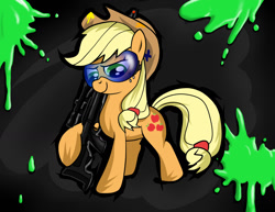Size: 1280x990 | Tagged: safe, artist:sirtreasurehunter, imported from derpibooru, applejack, earth pony, pony, female, mare, paint, paintball gun, safety goggles, solo
