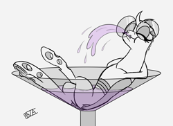 Size: 5500x4000 | Tagged: safe, artist:evan555alpha, imported from ponybooru, oc, oc only, oc:yvette (evan555alpha), changeling, pony, alcohol, carefree, changeling oc, crossed legs, cup, cup of pony, dorsal fin, evan's daily buggo, eyes closed, fangs, female, fountain, glasses, head up, hooves behind head, leaning back, martini, martini glass, micro, partial color, partially submerged, ponybooru exclusive, puffy cheeks, pursed lips, relaxing, round glasses, signature, simple background, sitting, sketch, solo, spitting, white background