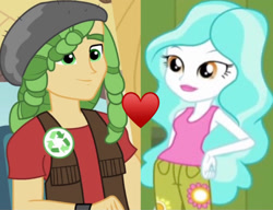 Size: 1680x1290 | Tagged: safe, edit, edited screencap, imported from derpibooru, screencap, paisley, sandalwood, equestria girls, background human, eco kids, female, heart, male, paisandal, shipping, shipping domino, straight