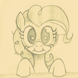 Size: 640x640 | Tagged: safe, artist:hotkinkajou, pinkie pie, earth pony, pony, female, looking at you, mare, monochrome, pencil, simple background, solo, traditional art