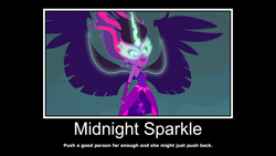 Size: 2880x1620 | Tagged: safe, artist:adan druego, imported from ponybooru, screencap, sci-twi, twilight sparkle, equestria girls, friendship games, black background, clothes, collar, demotivational poster, dress, evening gloves, gloves, glowing eyes, glowing horn, horn, laughing, long gloves, meme, midnight sparkle, simple background, skirt, strapless dress, text, villainess, white text, wings