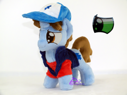 Size: 2828x2121 | Tagged: safe, artist:kiashone, imported from ponybooru, human, pony, unicorn, clothes, dipper pines, gravity falls, plushie, ponified, pony plush, prone, signature, simple background, solo, sweater, transparent background