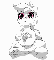 Size: 2870x3197 | Tagged: safe, artist:pabbley, imported from ponybooru, rainbow dash, pegasus, pony, c:, ear fluff, ears, female, frog (hoof), holding, mare, monochrome, neo noir, partial color, simple background, sitting, smiling, soda can, solo, thousand yard stare, underhoof, white background, wide eyes