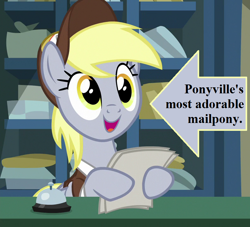 Size: 792x720 | Tagged: safe, edit, edited screencap, imported from derpibooru, screencap, derpy hooves, best gift ever, bell, captain obvious, caption arrow, cropped, cute, derpabetes, package, post office, text