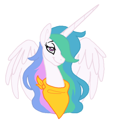 Size: 633x637 | Tagged: safe, artist:vodkamewtwoni, imported from derpibooru, princess celestia, alicorn, pony, bust, hair over one eye, horn, neckerchief, simple background, smiling, solo, transparent background, white pupils, wings