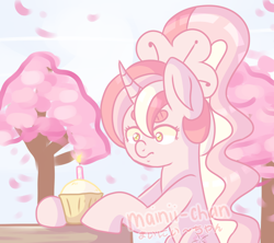 Size: 2120x1880 | Tagged: dead source, safe, artist:cherritoppu, artist:mainii-chan, imported from derpibooru, oc, oc only, oc:cherry blossom, pony, unicorn, cherry blossoms, female, flower, flower blossom, mare, solo