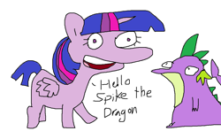 Size: 1097x651 | Tagged: safe, artist:tjpones, imported from derpibooru, spike, twilight sparkle, alicorn, dragon, pony, 1000 hours in ms paint, duo, female, male, mare, simple background, stylistic suck, twilight sparkle (alicorn), white background