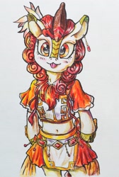 Size: 2195x3264 | Tagged: safe, artist:blueberry pie_蜜糕, imported from derpibooru, autumn blaze, kirin, semi-anthro, belly button, clothes, cosplay, costume, crossover, cute, dress, ear piercing, earring, female, high res, jewelry, magia record, magical girl, midriff, outfit, piercing, puella magi madoka magica, short shirt, skirt, smiling, solo, soul gem, tongue out, traditional art, tsuruno yui