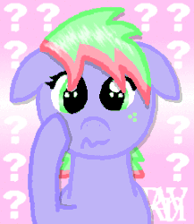 Size: 244x281 | Tagged: safe, artist:jazminakarainy, imported from derpibooru, pony, animated, eye shimmer, female, floppy ears, green eyes, hoof on cheek, multicolored hair, pink background, purple, question mark, simple background, solo
