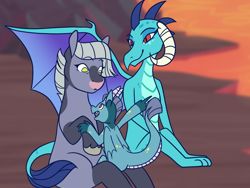Size: 1600x1200 | Tagged: safe, artist:eonionic, imported from derpibooru, limestone pie, princess ember, oc, oc:chrysoberyl, dracony, dragon, hybrid, pony, alternate design, crack ship offspring, crack shipping, emberstone, female, interspecies offspring, lesbian, offspring, parents:emberstone, shipping, story included