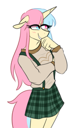 Size: 441x748 | Tagged: safe, artist:redxbacon, imported from derpibooru, oc, oc only, oc:candy floss (redxbacon), anthro, unicorn, adorasexy, blushing, clothes, crossdressing, crossed arms, cute, eye clipping through hair, eyelashes, femboy, floppy ears, giggling, hand on chin, heterochromia, lidded eyes, male, plaid skirt, pose, sexy, simple background, skirt, smiling, solo, suspenders, sweater, trap, two toned mane, white background