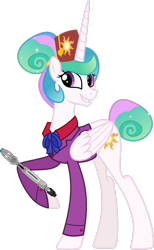 Size: 1600x2597 | Tagged: safe, artist:n0kkun, imported from derpibooru, princess celestia, alicorn, pony, alternate hairstyle, bowtie, bowties are cool, doctor who, female, fez, hair bun, hat, ribbon bow tie, simple background, solo, sonic screwdriver, string tie, tail bun, transparent background