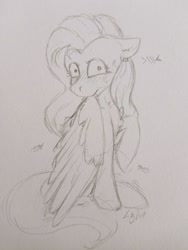 Size: 1756x2333 | Tagged: safe, artist:lightisanasshole, imported from derpibooru, fluttershy, pegasus, pony, blushing, blushing profusely, chest fluff, ear fluff, embarrassed, feather, female, floppy ears, grooming, looking at you, neck fluff, nom, preenhub, preening, raised leg, sitting, sketch, solo, solo female, traditional art, wings, wip
