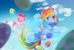 Size: 4069x2750 | Tagged: safe, artist:lexiedraw, imported from derpibooru, pinkie pie, rainbow dash, earth pony, pegasus, pony, balloon, cloud, duo, easter, easter egg, exclamation point, floating, flying, holiday, looking at you, then watch her balloons lift her up to the sky
